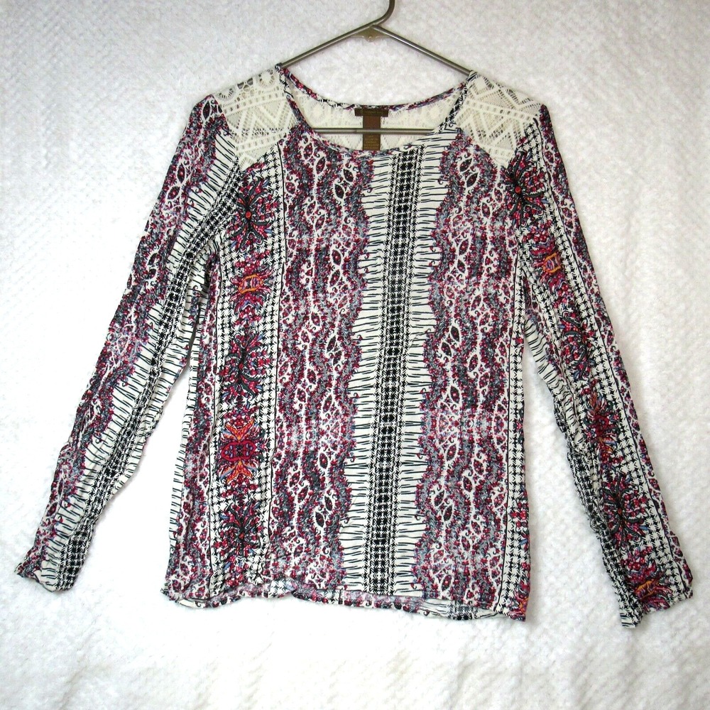 Copper Key Floral Sz Small BOHO Multicolor Shear Long Sleeve Blouse Top Shirt